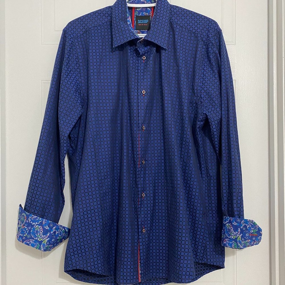 Scoop Shirt Men's Long Sleeve Large Blue Button- Up  Foral Flip Cuff. ( 11 A )